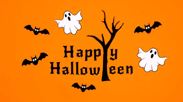 Happy Halloween Background Creepy Tree Stickers Orange Background Flat Lay — Stockfoto