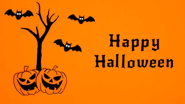 Happy Halloween Background Scary Tree Pumpkins Bats Orange Background Flat — Stockfoto
