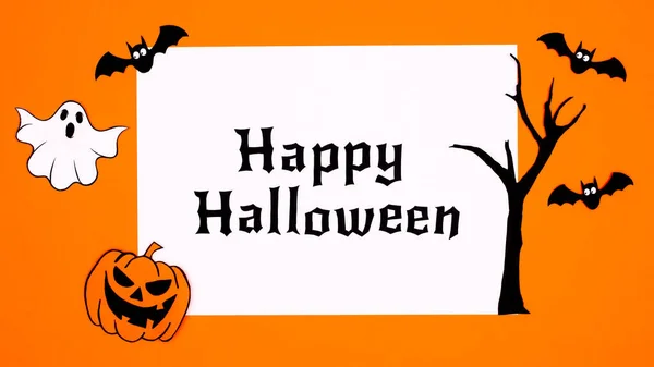 Creative Happy Halloween Paper Decoration Stickers Orange Background Fall Holidays — Stockfoto