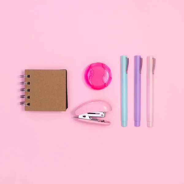 Pile School Writing Stationery Pastel Pink Background Flat Lay Concept — 스톡 사진