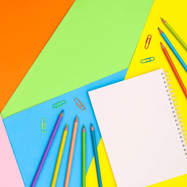 Colorful Copy Space Background Ope Notebook Colorful Pencils Flat Lay — Photo