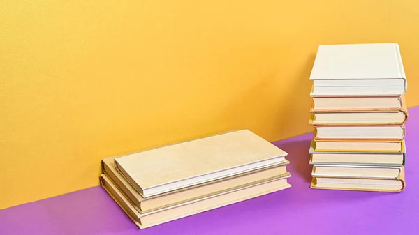 Golden Purple Background Hardcover Books Copy Space Flat Lay — Stock Fotó