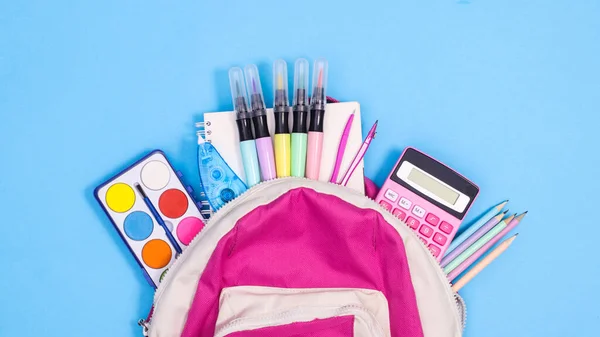 Backpack School Stationery Pastel Blue Background Flat Lay Stok Gambar