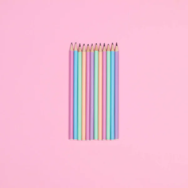 Colorful Pastel Wooden Pencils Pastel Pink Background Flat Lay — Stockfoto