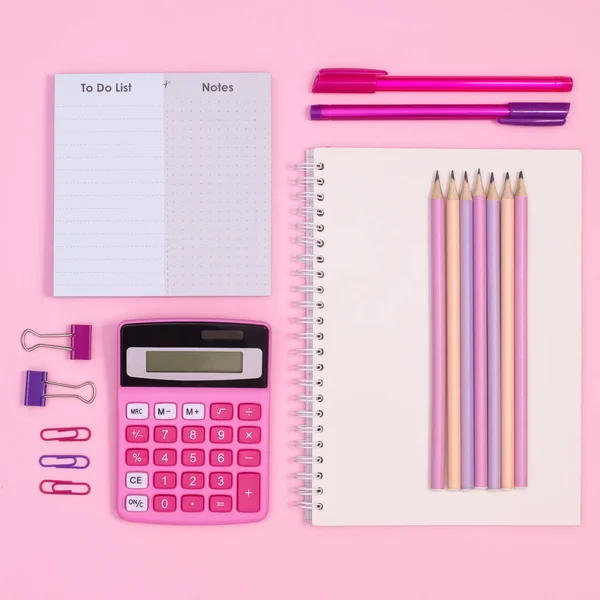 Pastel Pink Background Pink School Supplies Creative Layout Back School — Stockfoto
