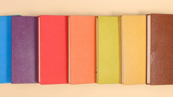 Coloful Vintage Books Beige Background Flat Lay — Zdjęcie stockowe