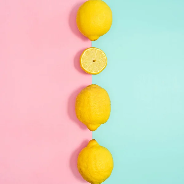 Summer Background Ripe Lemons Pastel Pink Cyan Background Flat Lay — Foto de Stock