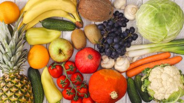 Fruit and vegetables background. Flat lay healthy food concept