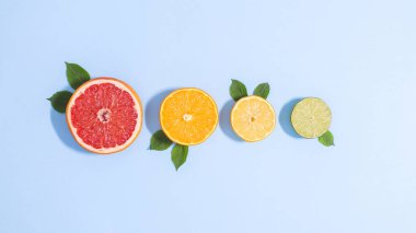 Creative blue background with sliced citrus fruits with green leaves. Flat lay summer tropical concept