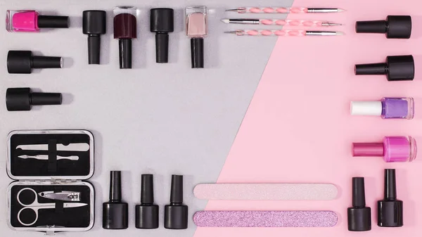 Nail Care Products Make Frame Copy Space Pastel Pink Grey — Stock Photo, Image