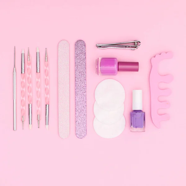 Set Manicure Nail Accessories Layout Pastel Pink Backgorund Flat Lay — Stock fotografie