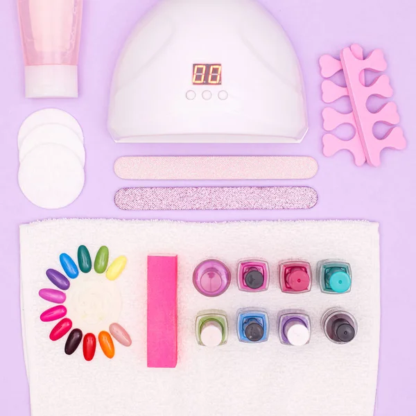 Manicure Set Nail Cosmetics Products Paste Purple Background Flat Lay — Stock Photo, Image
