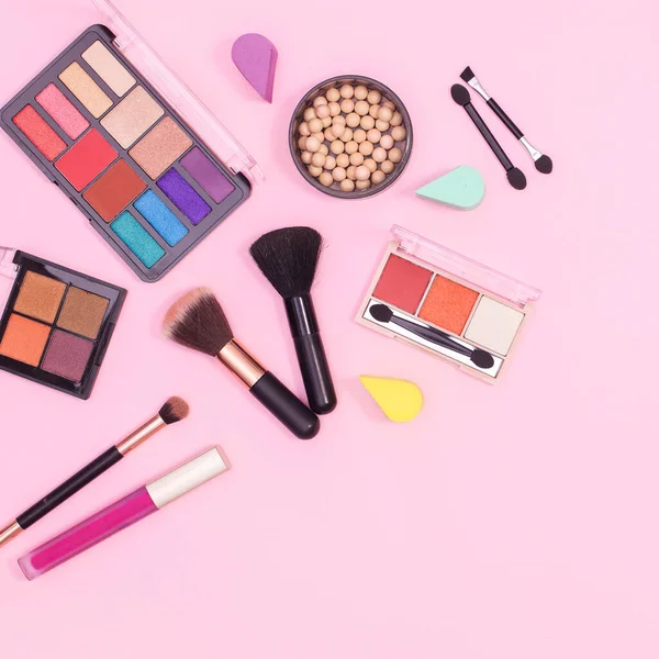 Colorful Make Products Layout Pastel Pink Background Flat Lay — Stockfoto