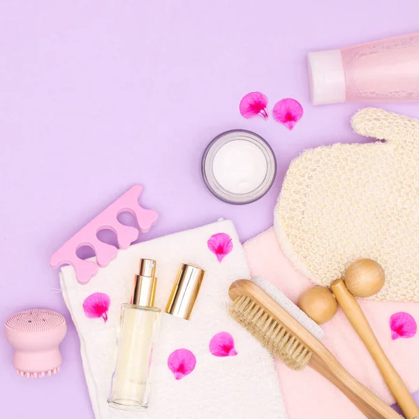 Beauty Cosmetics Products Pastel Purple Background Spa Concept Flat Lay — Stock fotografie