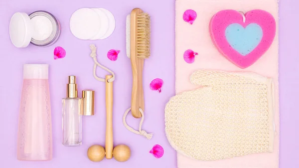 Beauty Cosmetics Products Pattern Pastel Purple Background Spa Concept Flat — Stock Photo, Image
