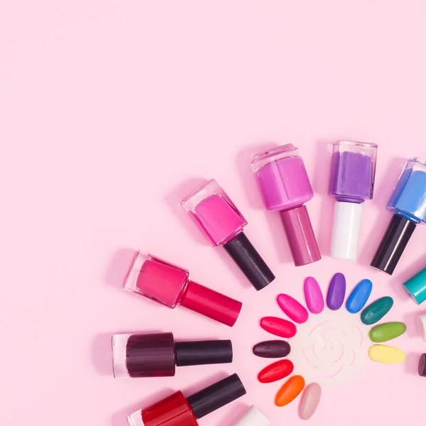 Nail Polish Bottles Pastel Pink Background Copy Space Flat Lay — Stockfoto