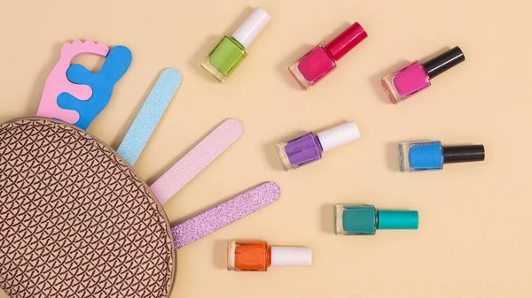 Make Products Cosmetics Kit Beige Background Flat Lay — Stockfoto
