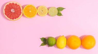 Citrus summer fruits layout on pastel pink background with copy space. Flat lay