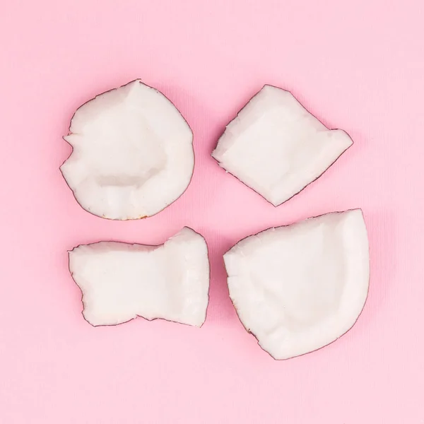 Sliced Fresh Coconut Pastel Pink Background Flat Lay — Stockfoto