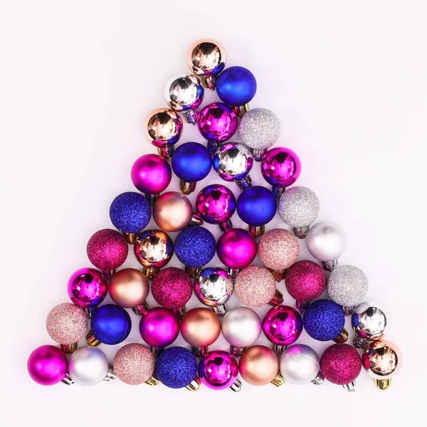 Creative Christmas Tree Shape Colorful Glitter Ornaments White Background Flat — Stock Photo, Image