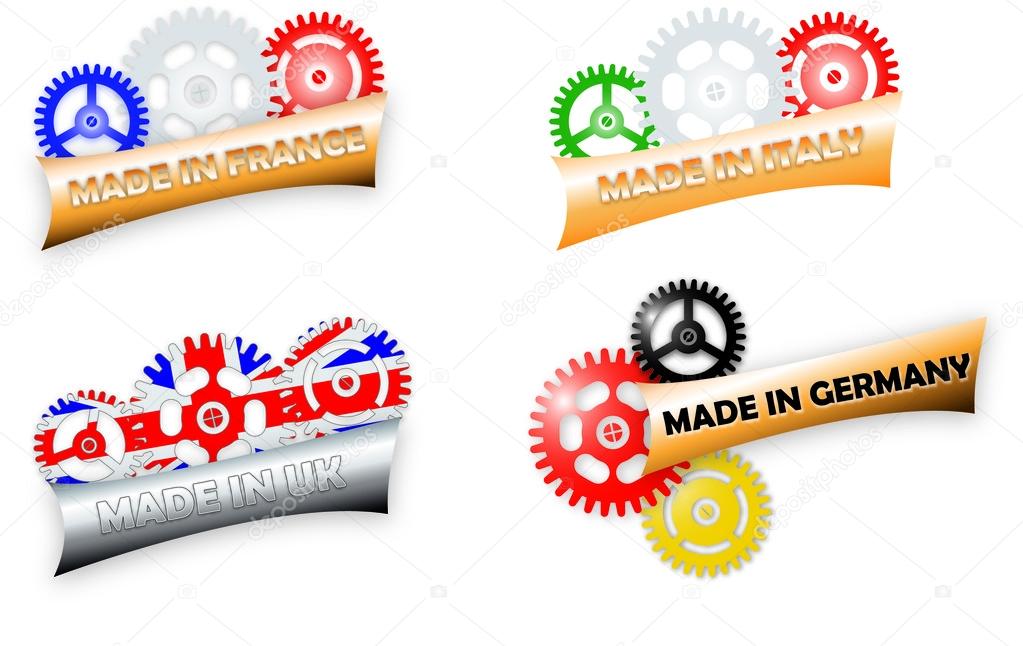 Vector Logos with national flags gears: Made in Italy, Made in Germany, Madein France and Made in UK