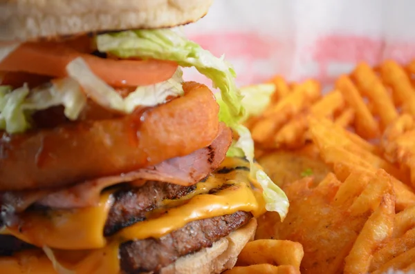 Hamburger ile peynir ve soğan halkası — Stok fotoğraf