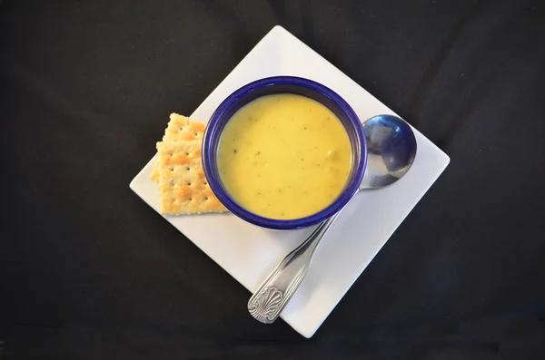 Soup and Crackers on a Square Plate — Stock Photo, Image