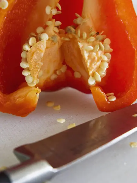 Yarım dolmalık biber, Capsucum Annuum, tohumlar ve bıçakla..