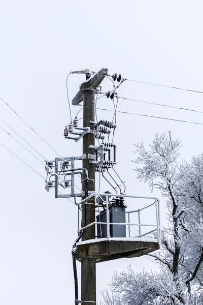 Vieja línea de poder de hormigón con transformador y árbol de invierno — Foto de Stock