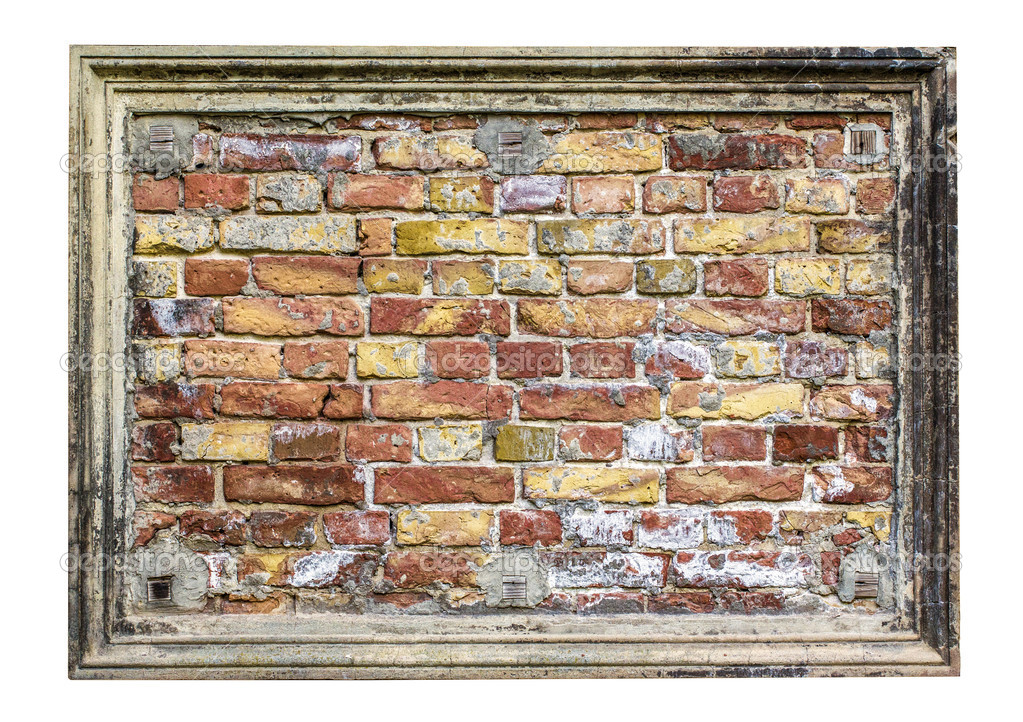 stuccoframe with old brickwall in it isolated on white
