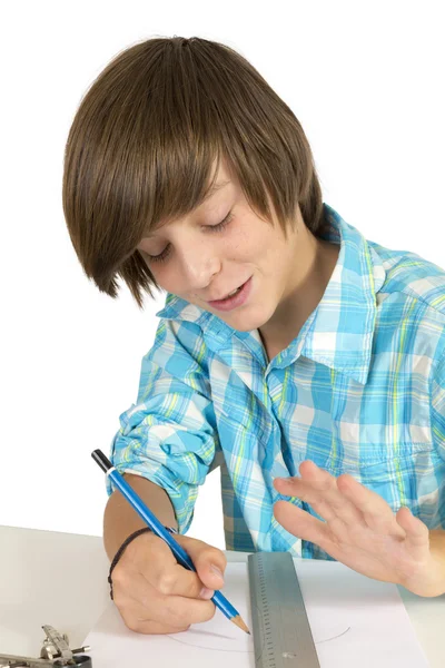 School jongen met potlood en liniaal, geïsoleerd op wit — Stockfoto