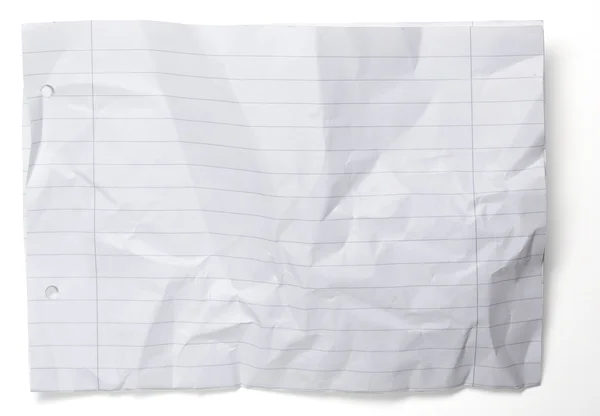 Crumpled paper with lines and holes isolated on white — Stock Photo, Image
