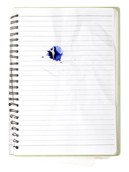 Gebrauchtes Blanko-Notizbuch mit Ringbuch und Tintenklecks isoliert auf wh — Stockfoto