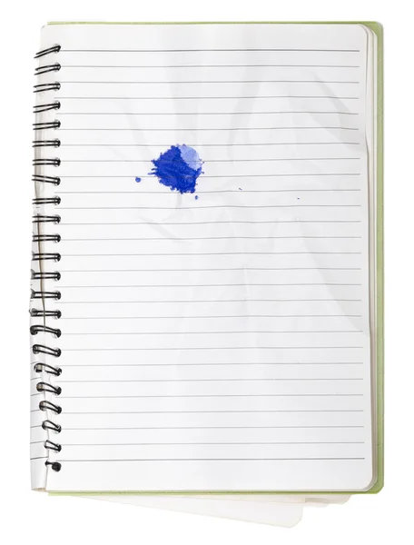 Used blank note book with ring binder and inkblot isolated on wh — Stock Photo, Image