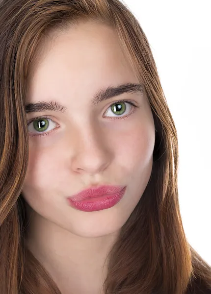 Primer plano retrato de una adolescente besando labios aislados en whit —  Fotos de Stock