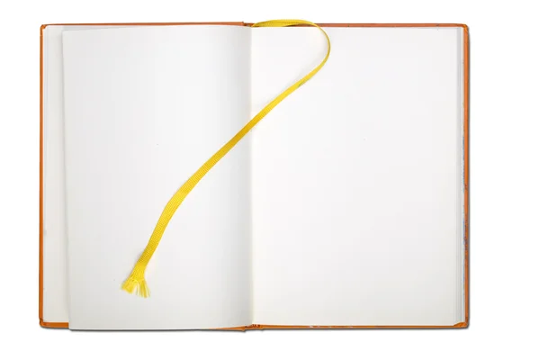 Livro de notas de página em branco com marca de livro isolado no branco — Fotografia de Stock