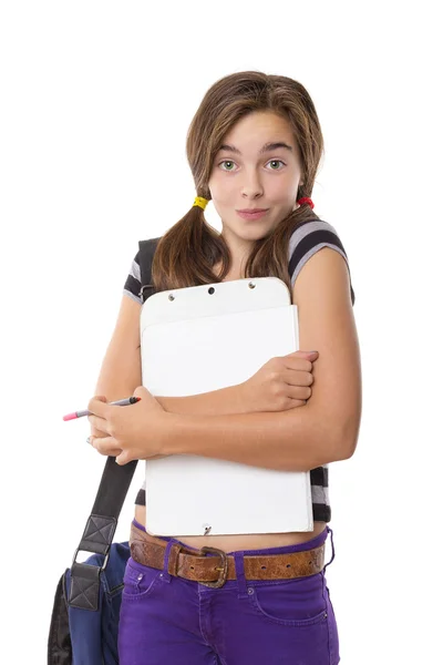 Teenage girl with clipboard and pencil smiling, isolated on whit — Stock Photo, Image