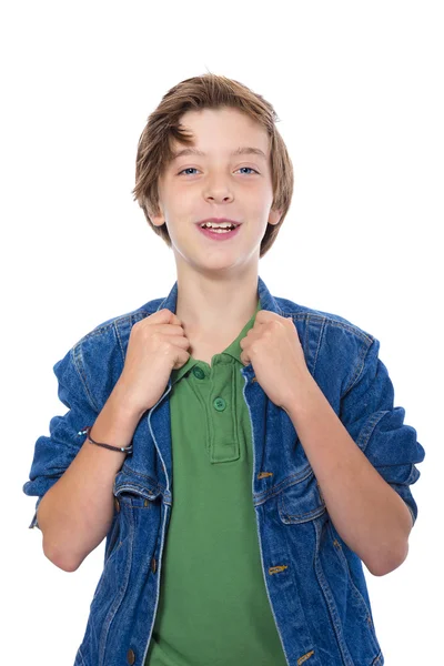 Laughing teenage boy with hands on his jacked collar, isolated o — Stock Photo, Image