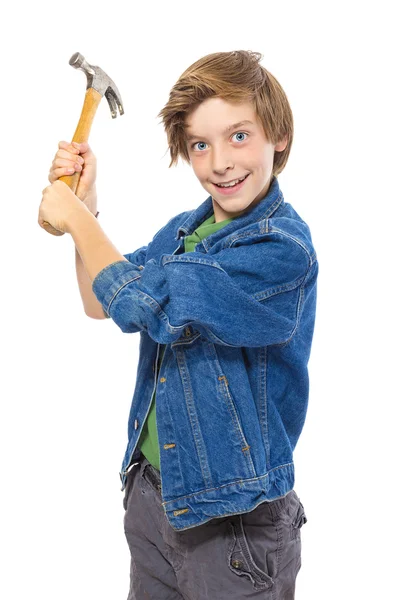 Lunatic teenage boy holding a hammer ready to hit, isolated on w — Stock Photo, Image