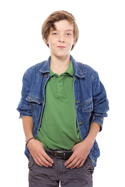 Smiling teenage boy with thumbs in his belt, isolated on white — Stock Photo, Image