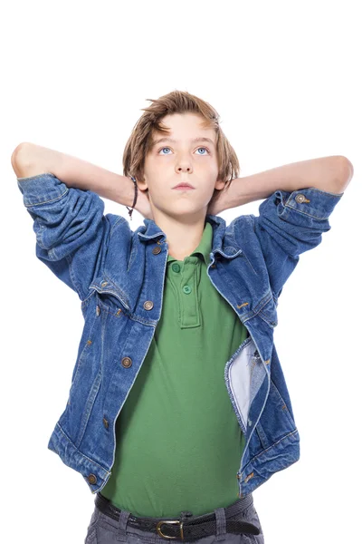 Teenage boy with hands in behind his neck, isolated on white — Stock Photo, Image