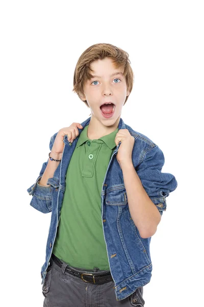 Happy teenage boy screaming with joy, isolated on white — Stock Photo, Image