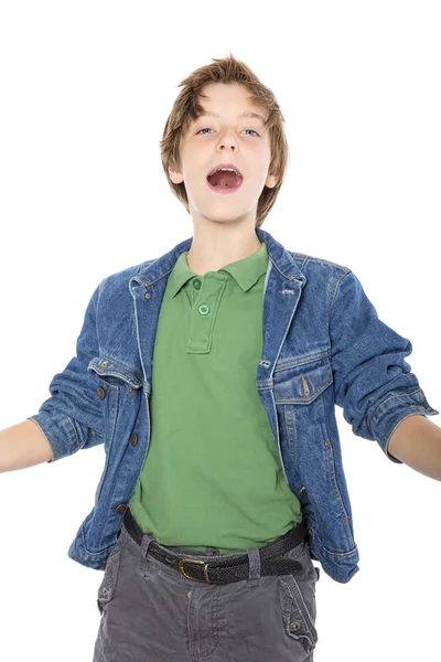Happy teenage boy singing with joy, isolated on white — Stock Photo, Image