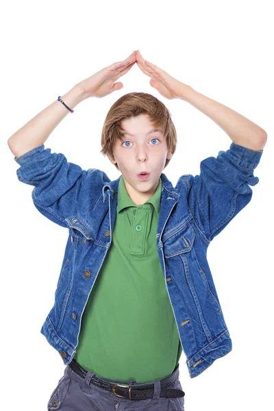 Amazed teenage boy forms a roof over his head with his two arms, — Stock Photo, Image