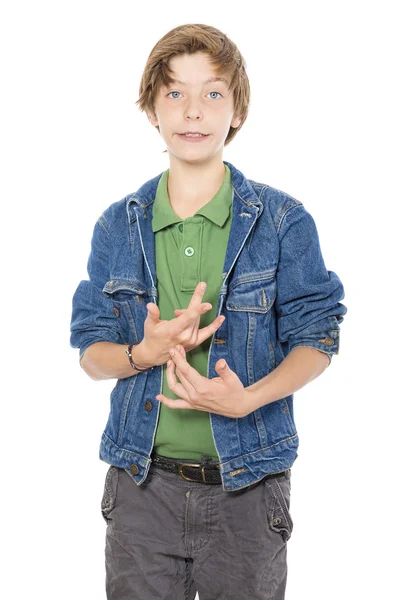Silly looking teenage boy make gestures with his hands, isolated — Stock Photo, Image