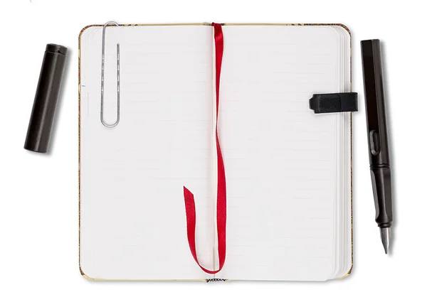 Blank page of note book with paper clip and elastic strap and ol — Stock Photo, Image