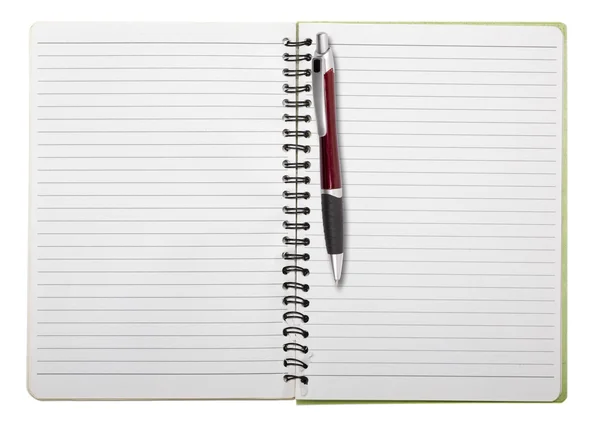 Used blank note book with ring binder and ball pen, isolated on — Stock Photo, Image