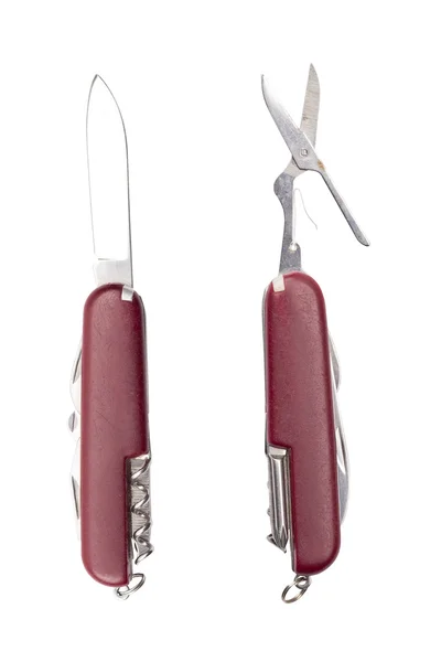 Two use red pocket knifes, with different tools, isolated on whi — Stock Photo, Image