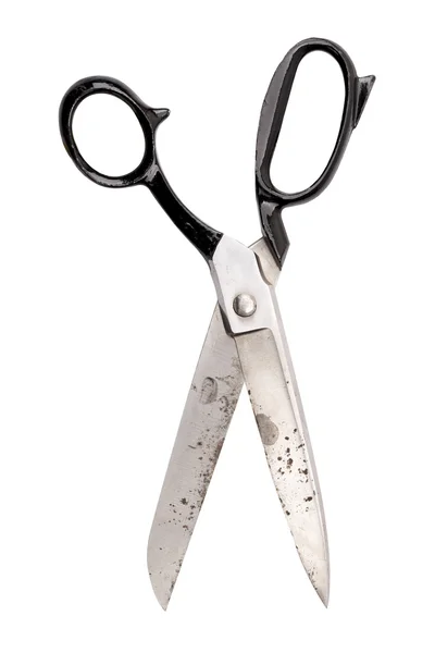 Staré použité černé velké nůžky, izolované na bílém — Stockfoto