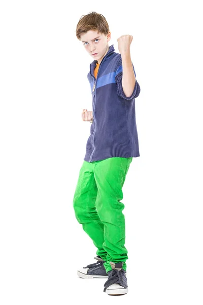Casual teenage boy is ready to fight isolated on white — Stock Photo, Image